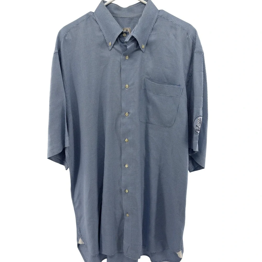 Peter‎ Millar Mens XL Golf Shirt Short Sleeve Blue Gingham Pocket Patch